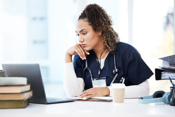 Poster - Healthcare, laptop and research with a woman nurse reading information in a hospital for diagnosis. Medical, insurance and education with a female med student working in a clinic for data analysis