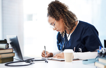 Poster - Medical student, thinking or writing books in hospital research, wellness studying or education learning. Laptop, nurse or healthcare woman and notebook, technology or scholarship medicine internship