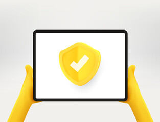 Poster - Modern tablet computer with golden shield. Mobile security concept. 3d vector illustration