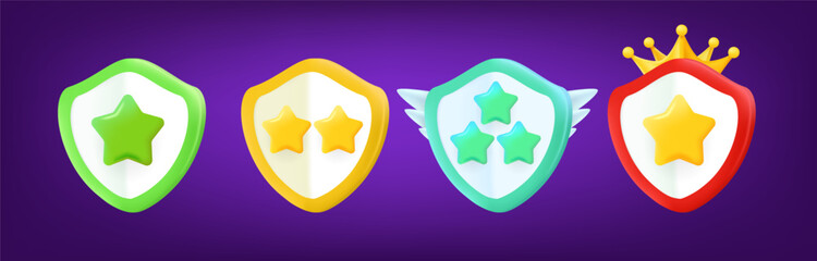 Poster - Different rank emblems with stars on shields. Game achievement badges collection. 3d vector clipart