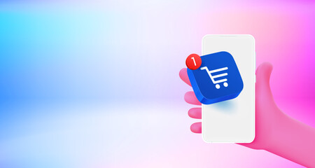 Leinwandbilder - Using shopping application on mobile phone. 3d vector banner with copy space
