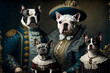 Family of dogs in royal outfits of the Victorian era. Fynny dogs. Royal dogs. Dogs as Humans concept. Picture of Dogs Aristocrats, Generative AI.