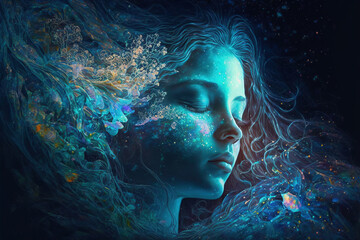 Wall Mural - Abstract woman dream decorated by harmony and endless colors of star in the sky background . Sleeping beautiful girl imagination . Sublime Generative AI image .