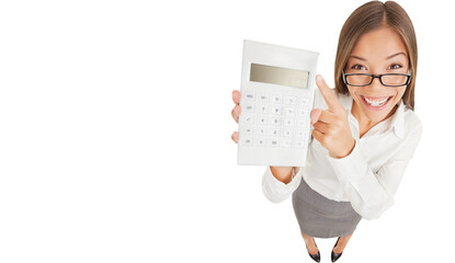 Accountant funny. Fun high angle perspective of an attractive gleeful woman or accountant in glasses pointing to a calculator that she is holding up with a blank digital readout isolated on white
