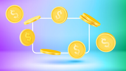 Poster - Poster template with golden coins and empty frame. New post concept. Vector 3d banner 