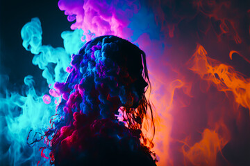 Wall Mural - Female silhouette in abstract multi color paint explosion on black background. Paint clouds with person silhouette on black background, Generative AI