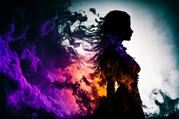 Wall Mural - Female silhouette in abstract multi color paint explosion on black background. Paint clouds with person silhouette on black background, Generative AI