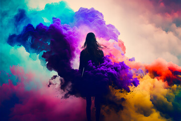 Wall Mural - Female silhouette in abstract multi color paint explosion on black background. Paint clouds with person silhouette on black background, Generative AI