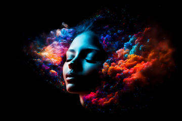 Wall Mural - Female with closed eyes portrait in abstract multi color paint explosion on black background. Paint clouds with person silhouette on black background, Generative AI