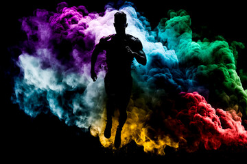 Wall Mural - Male run in abstract multi color paint explosion on black background. Freeze motion male athlete running through paint cloud. Paint clouds with person silhouette on black background, Generative AI