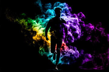 Wall Mural - Male run in abstract multi color paint explosion on black background. Freeze motion male athlete running through paint cloud. Paint clouds with person silhouette on black background, Generative AI