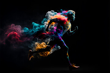 Wall Mural - Male run in abstract multi color paint explosion on black background. Freeze motion male athlete running through paint cloud. Paint clouds with person silhouette on black background, Generative AI