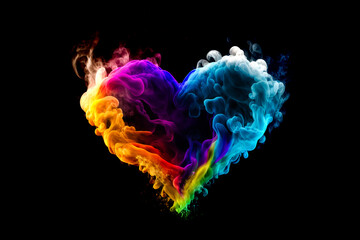 Wall Mural - Heart shaped multi color paint explosion on black background. Paint clouds in form of heart symbol on black background. Colorful smoke Valentine's Day texture. Generative AI colorfull fume heart.