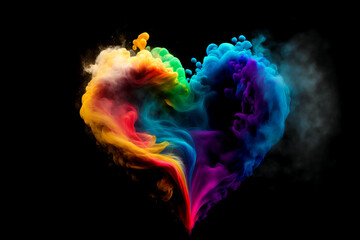 Wall Mural - Heart shaped multi color paint explosion on black background. Paint clouds in form of heart symbol on black background. Colorful smoke Valentine's Day texture. Generative AI colorfull fume heart.