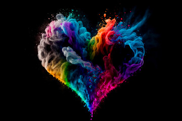Wall Mural - Heart shaped multi color paint explosion on black background. Paint clouds in form of heart symbol on black background. Colorful smoke Valentine's Day texture. Generative AI colorfull fume heart.