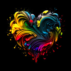 Wall Mural - Heart shaped multi color paint explosion on black background. Paint clouds in form of heart symbol on black background. Colorful paint Valentine's Day heart texture. Generative AI colorfull fume heart