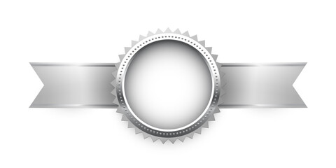 Wall Mural - 3d silver medal on ribbon, seal trophy vector illustration. realistic isolated steel circle medallio
