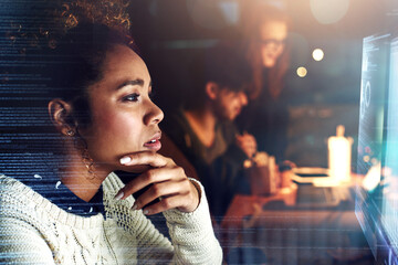 Aufkleber - Thinking, futuristic overlay and black woman on computer for online finance, fintech and data analysis. Digital transformation, software overlay and face of girl for financial analytics on 3d screen