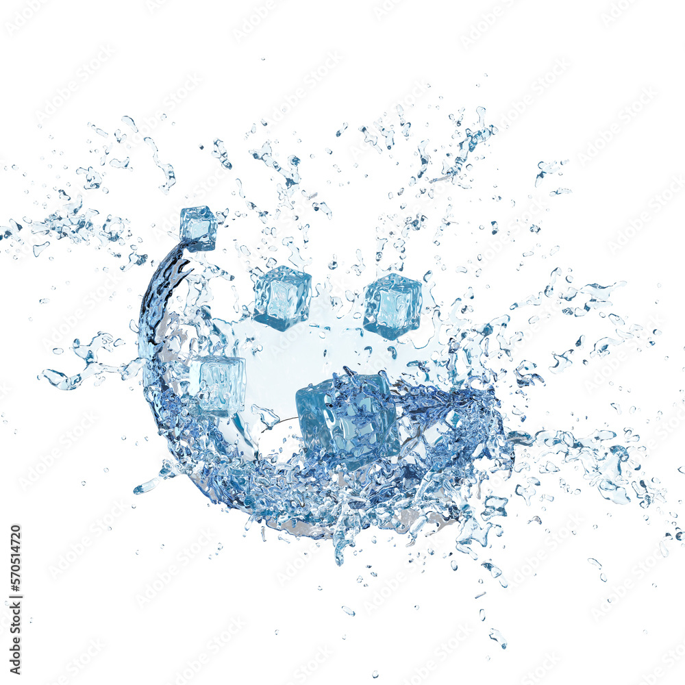 3d ice cubes with water splash transparent, clear blue water scattered ...