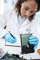 Aufkleber - Black woman technician, computer or laptop motherboard for cyber crime investigation, analysis and IT solution. Information technology engineer, notebook and lab with hard drive, writing and notes