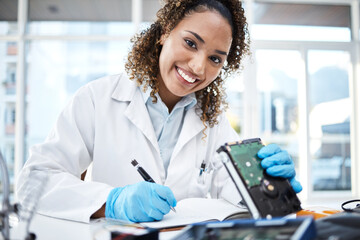 Poster - Black woman, lab and computer circuit for portrait in cyber crime investigation, analysis and IT solution. Information technology engineer, notebook and laboratory for programmer, writing and notes