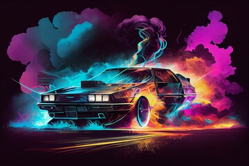 Car with colourful smoke | Cyberpunk Style | Back to the Future | Generative AI