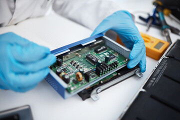Leinwandbilder - Computer hardware, repair and hands of engineer working on electronic cpu, circuit and microchip. Information technology maintenance, programming and electrician fix coding, motherboard and processor