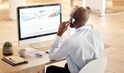 Poster - black man, call center and computer for tech support, communication and crm help at desk in office. 