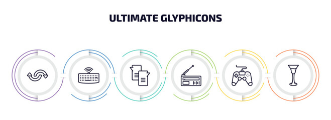 Poster - ultimate glyphicons infographic element with outline icons and 6 step or option. ultimate glyphicons icons such as reload circular arrow, wireless keyboard, message ballon, old radio with antenna,