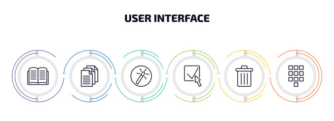 Poster - user interface infographic element with outline icons and 6 step or option. user interface icons such as open diary, multiple file, magic wand button, check box with cursor, delete button, telephone