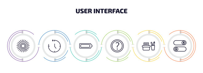 Poster - user interface infographic element with outline icons and 6 step or option. user interface icons such as loading indicator, anti clockwise, battery loaded, round help button, office material, slide
