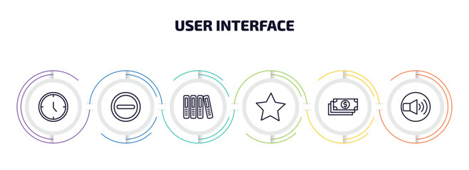 Poster - user interface infographic element with outline icons and 6 step or option. user interface icons such as hours, remove round button, office folders, rounded point star, dollar bills stack, volume