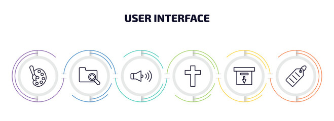 Poster - user interface infographic element with outline icons and 6 step or option. user interface icons such as artist paint palette, search in folder, round volume button, cross, download archive,