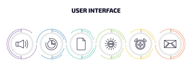 Poster - user interface infographic element with outline icons and 6 step or option. user interface icons such as loud audio, reload pie chart, blank file, white balance, alarm button, envelope with message