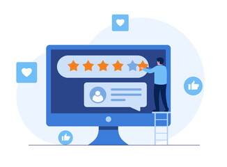 Rate us for 5 stars consumer review, pointing to five stars as a rating result, user rating or feedback. Flat vector illustration banner