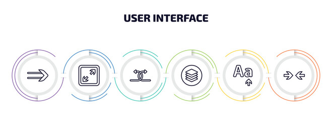 Poster - user interface infographic element with outline icons and 6 step or option. user interface icons such as slim right, expand tool, crossed arrows, layer button, letter size, opposition vector.