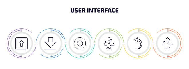 Poster - user interface infographic element with outline icons and 6 step or option. user interface icons such as key up, big download arrow, selectioned circle, 3 pvc, curve left arrow, 5 pp vector.