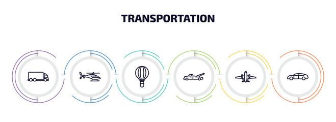 Poster - transportation infographic element with outline icons and 6 step or option. transportation icons such as lorry, helicopter profile, hot air balloon, wrecker, airliner, automobile vector.