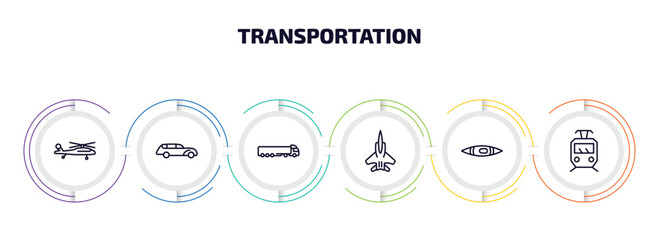 Poster - transportation infographic element with outline icons and 6 step or option. transportation icons such as military helicopter, hearse, tanker, army airplane, kayak, tram vector.