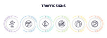 Traffic Signs Infographic Element With Outline Icons And 6 Step Or Option. Traffic Signs Icons Such As Road, No Turn, Merging, No Fast Food, Narrow Road, Lovemaking Vector.