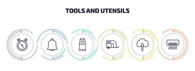 Poster - tools and utensils infographic element with outline icons and 6 step or option. tools and utensils icons such as timer round clock, hanging bell, top load washer, house on wheels, up arrow cloud,