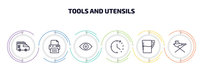 Poster - tools and utensils infographic element with outline icons and 6 step or option. tools and utensils icons such as firetruck, blank paper printer, optical, time left, pitcher with levels, iron table