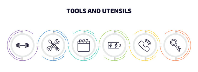 Poster - tools and utensils infographic element with outline icons and 6 step or option. tools and utensils icons such as exercise with dumbbells, reparation, calendar page, battery charging, ringing, tiny