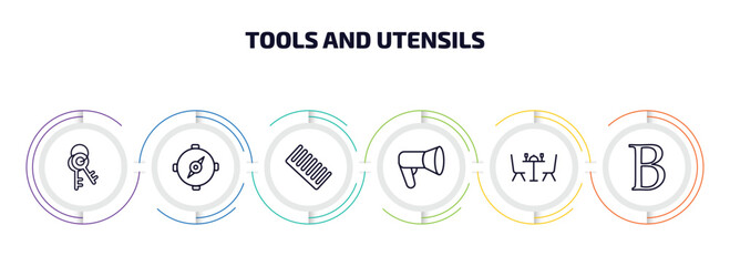 Poster - tools and utensils infographic element with outline icons and 6 step or option. tools and utensils icons such as key ring, orientation compass, combs, megaphone side view, dining, bold vector.