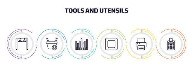 Poster - tools and utensils infographic element with outline icons and 6 step or option. tools and utensils icons such as clothes rack, empty shopping basket, sound wave bars, basic square, print button,