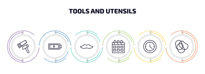 Poster - tools and utensils infographic element with outline icons and 6 step or option. tools and utensils icons such as carpentry, charged battery, moustaches, calendar with six days, circular clock,