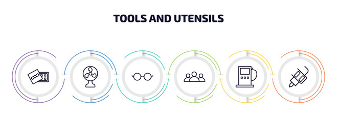 Poster - tools and utensils infographic element with outline icons and 6 step or option. tools and utensils icons such as chote box, table fan, reading glasses, squad, fuel oil bomb service, tattoo vector.