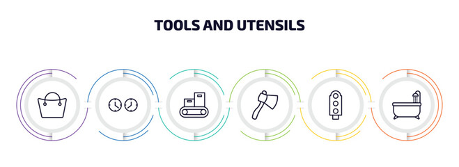 Wall Mural - tools and utensils infographic element with outline icons and 6 step or option. tools and utensils icons such as bag with big handle, clocks, packing hine, hand axe, semaphore light, bath tub