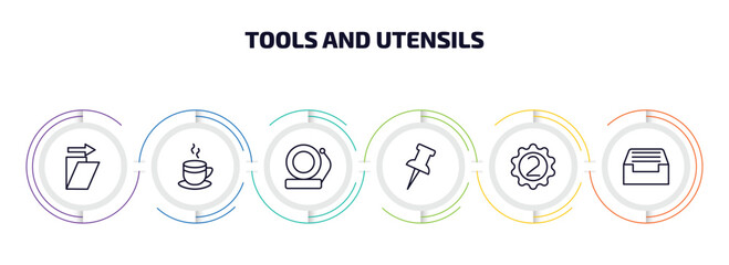 Poster - tools and utensils infographic element with outline icons and 6 step or option. tools and utensils icons such as shear, cup of hot coffee, electric bell, tack save button, second, tray for papers
