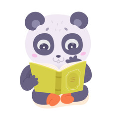 Wall Mural - Cute panda reading book, happy baby bear sitting, studying open paper book with curiosity